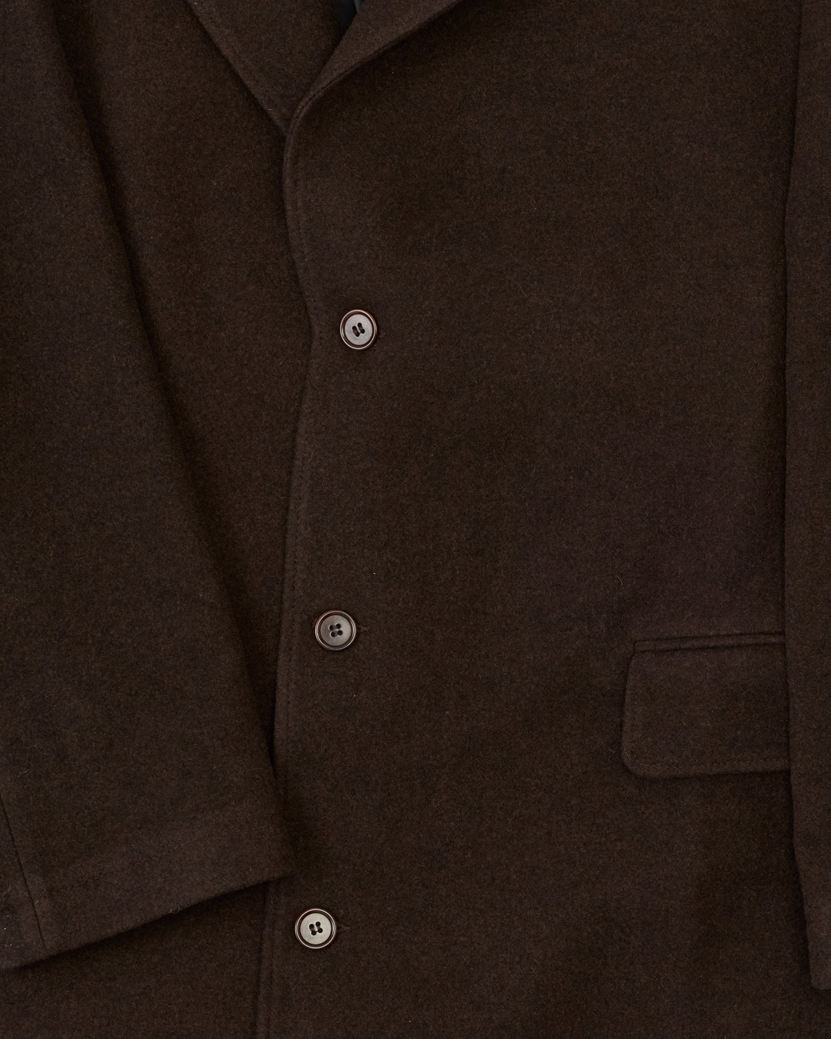 Cawley Superwashed Wool/Cashmere Morris Coat in clove, buttons and pocket flap close-up