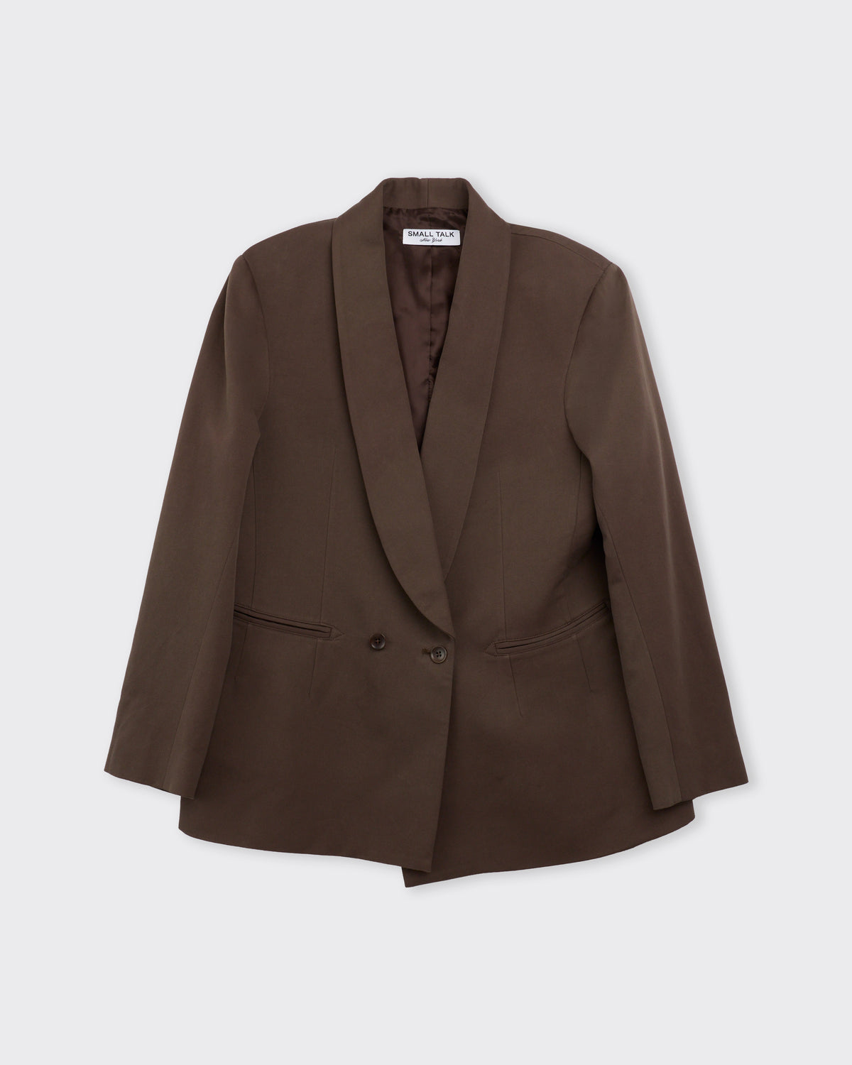 Small Talk Studio Shawl Collar Double Breasted Blazer in dark brown, front