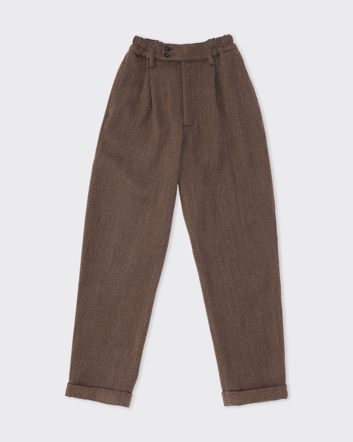 Colbo Camp Pants in double brown wool, silk and cashmere, front, flat lay