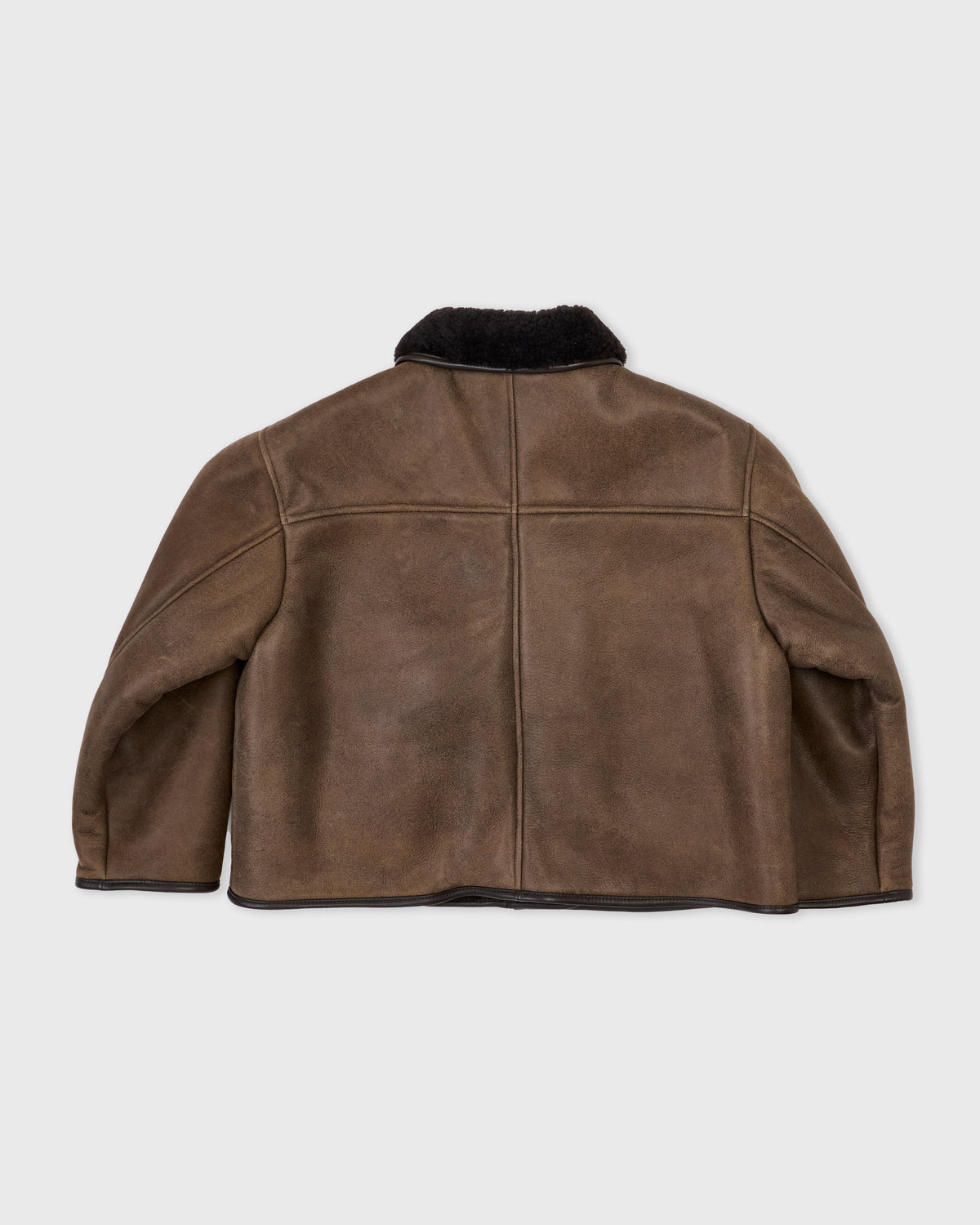Cawley Antique Aviator Flying Jacket in antique chocolate shearling, back, flat lay