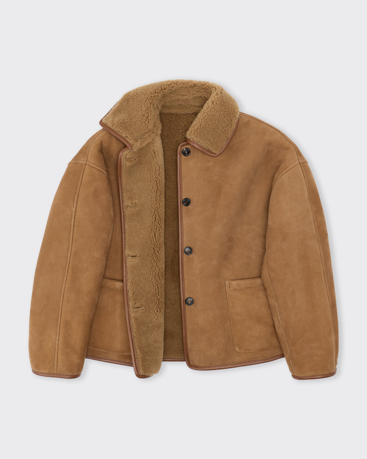 Cawley Suede Back Curly Hair Avis Jacket in tan, open, showing the shearling lining
