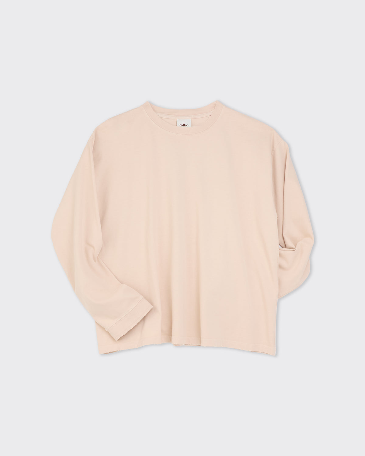 Colbo long sleeve T-shirt in distressed blush cotton, front, sleeves folded, flat lay
