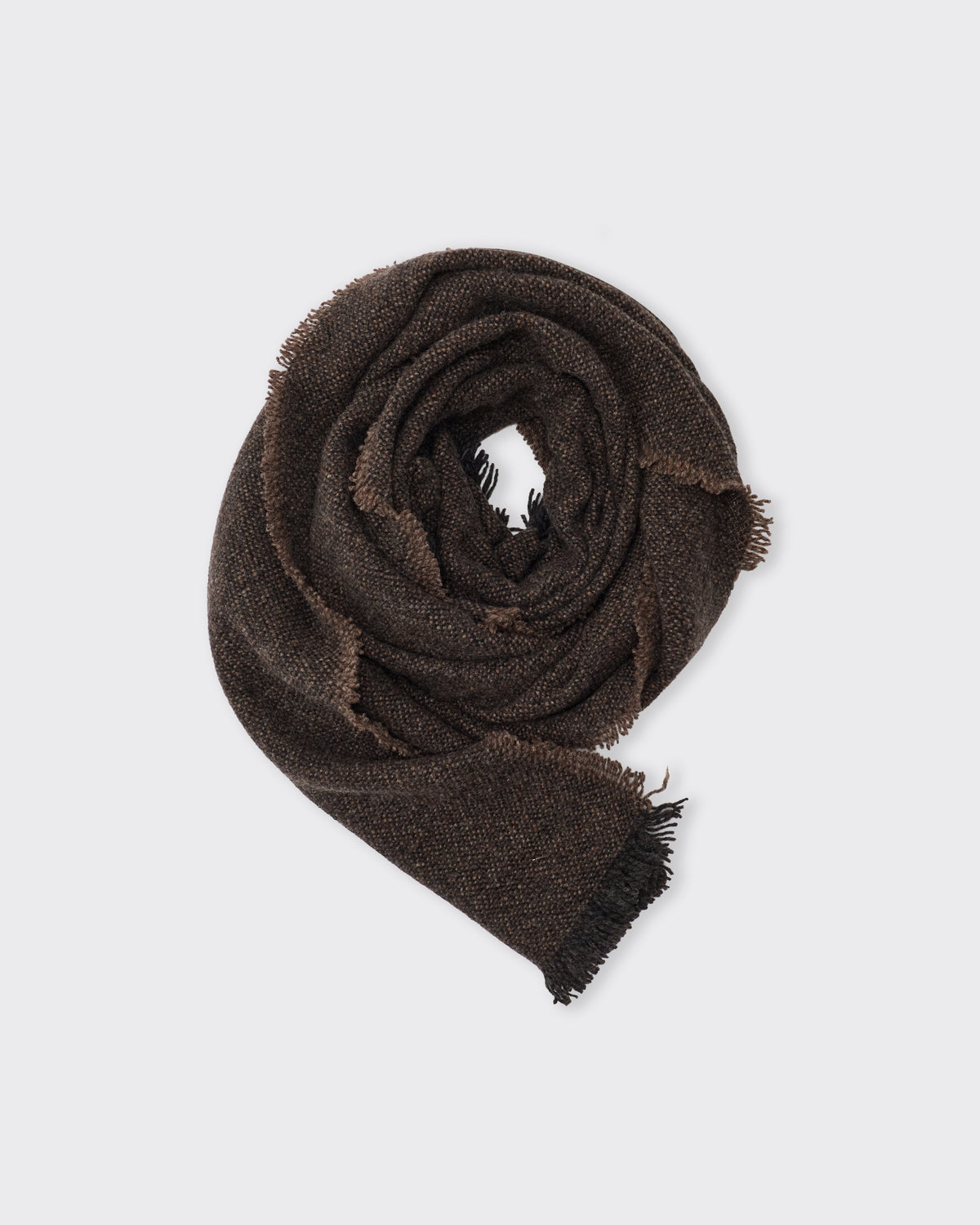 Yoko Sakamoto Wool Long Scarf in brown, rolled, top view