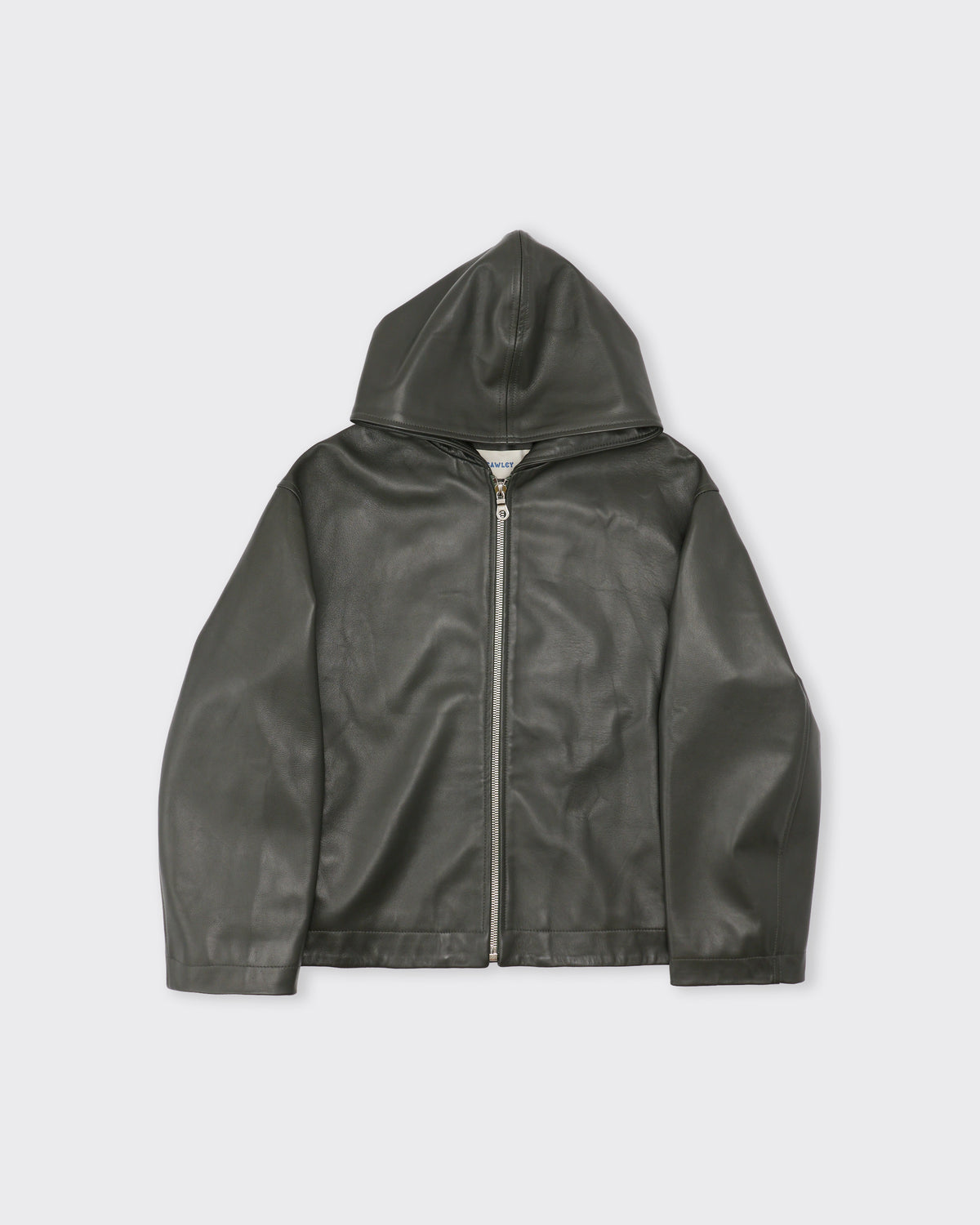 Cawley Waxy Lamb Leather Zip-Up Hoodie in olive, front