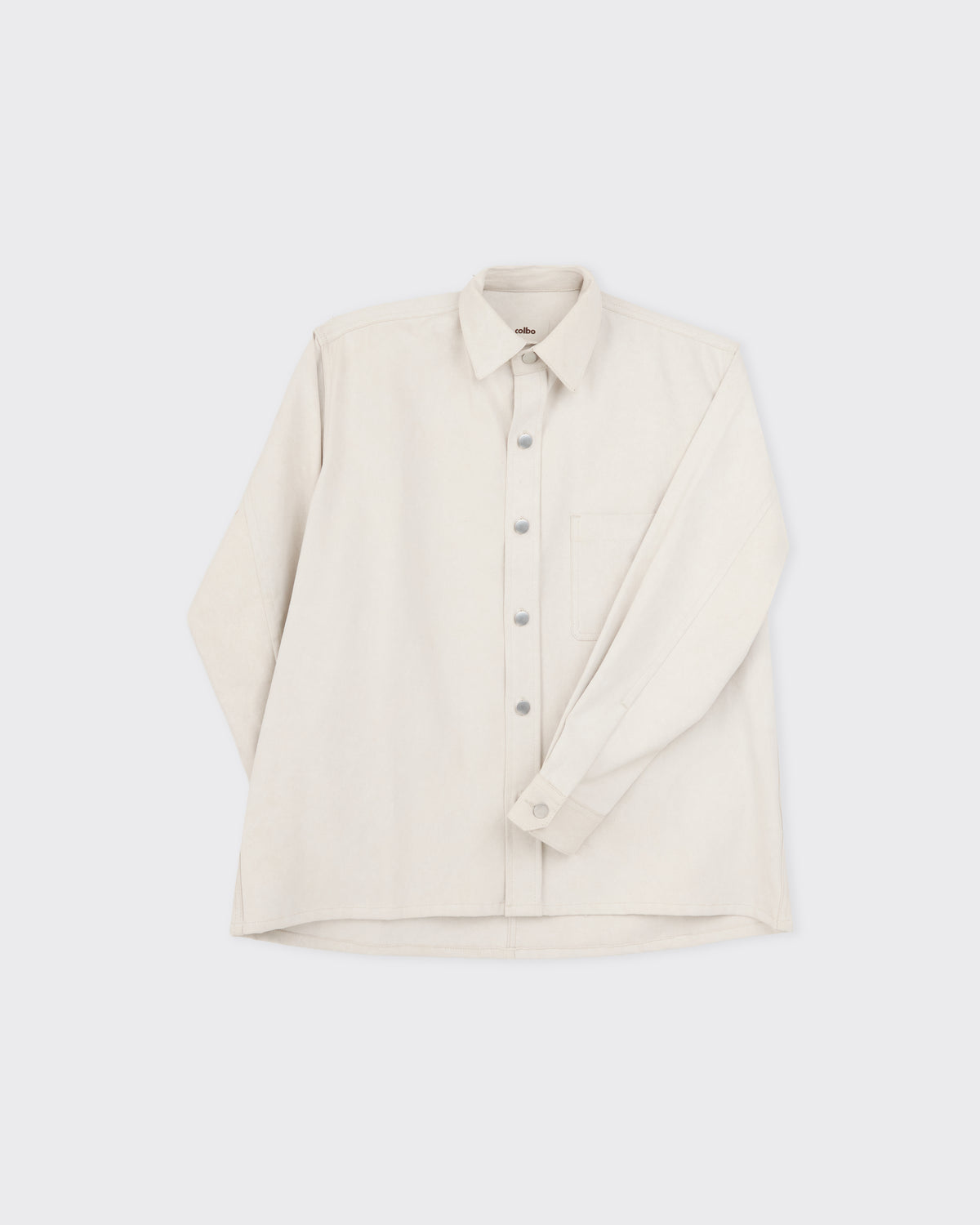 Colbo Overshirt in painted natural denim, front detail