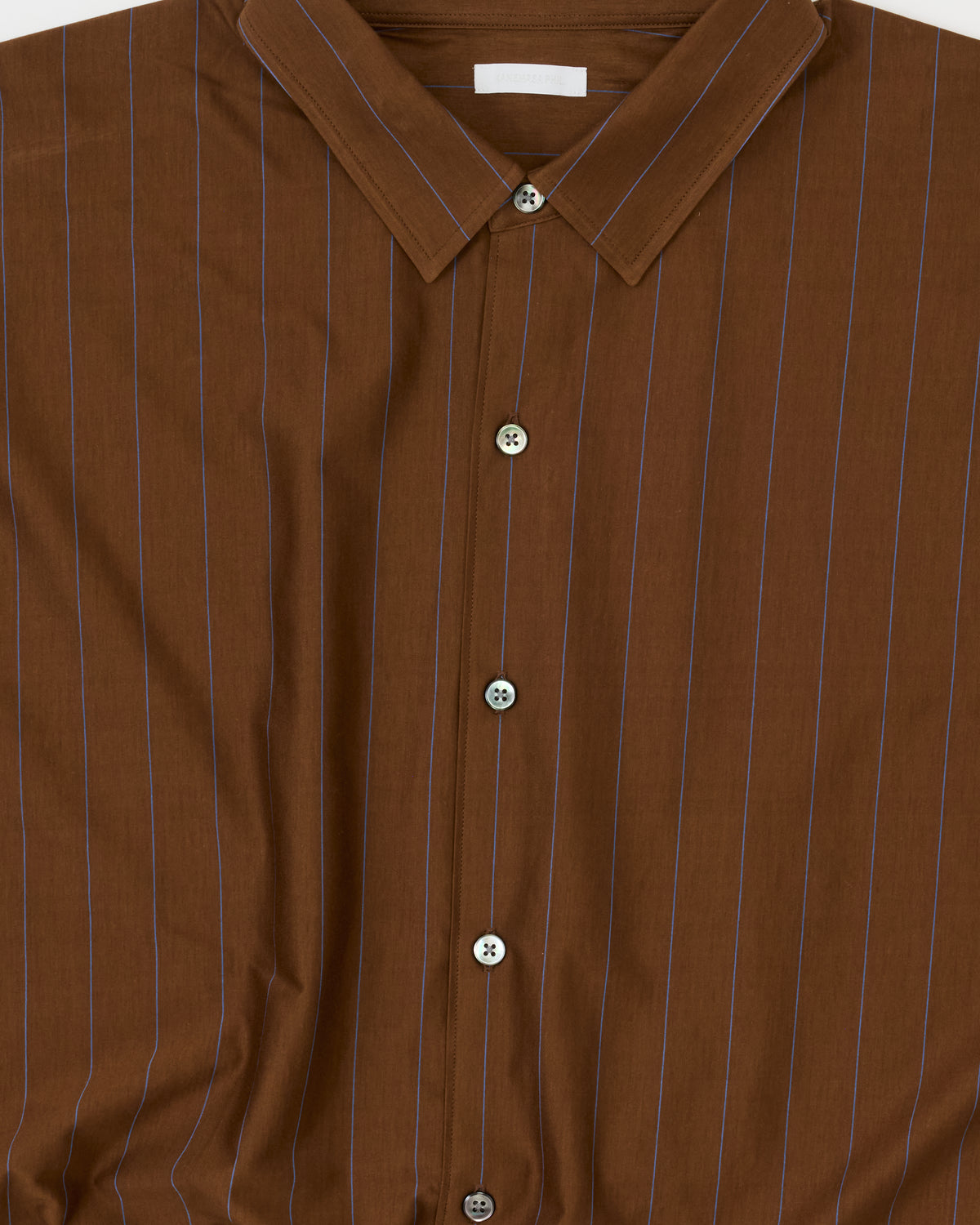 Kanemasa Phil Stripe Atmosphere Shirt in brown and blue cotton, collar and placket close-up
