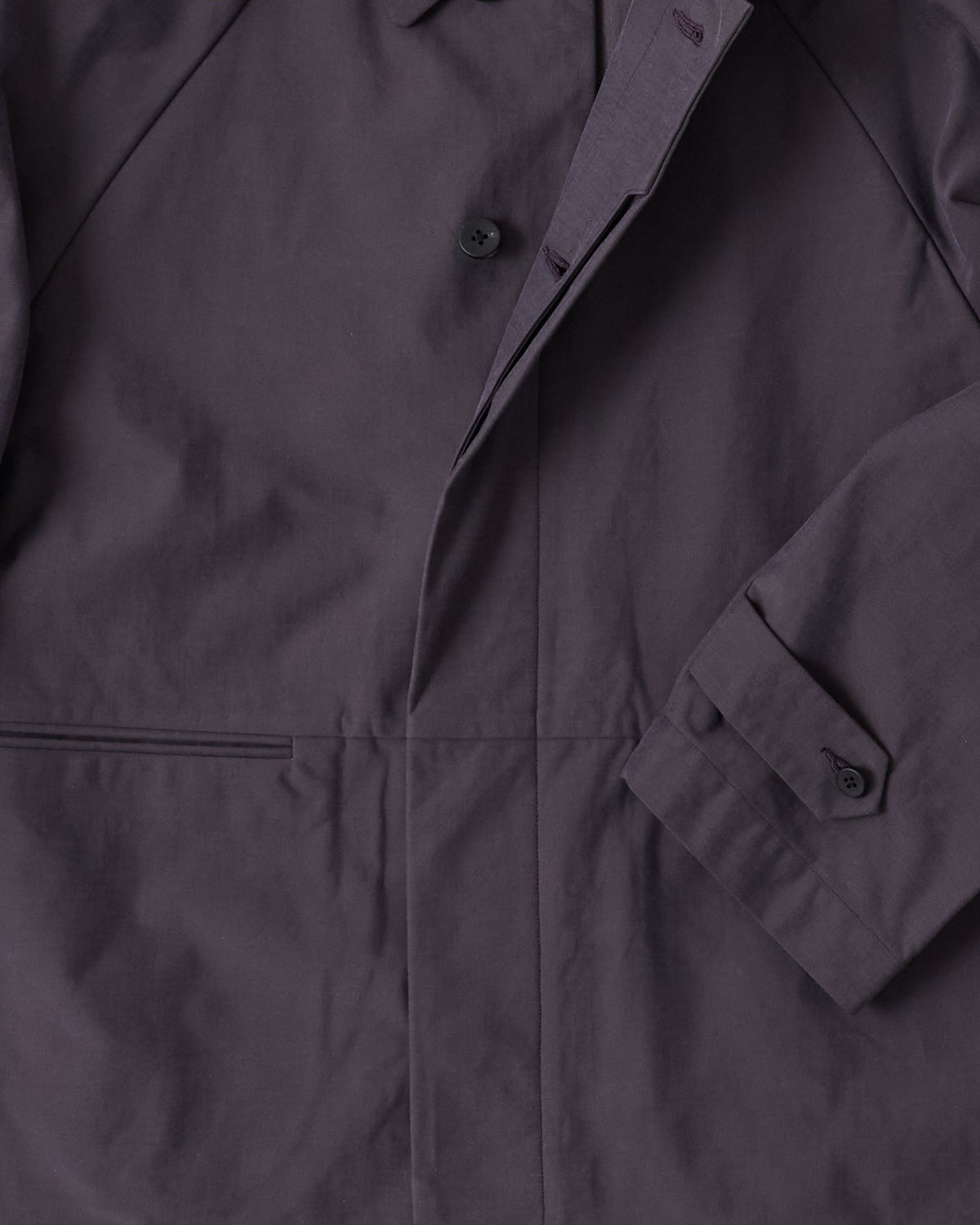 Kanemasa Phil ECONYL Half Coat in charcoal, placket, pocket and sleeve tab close-up