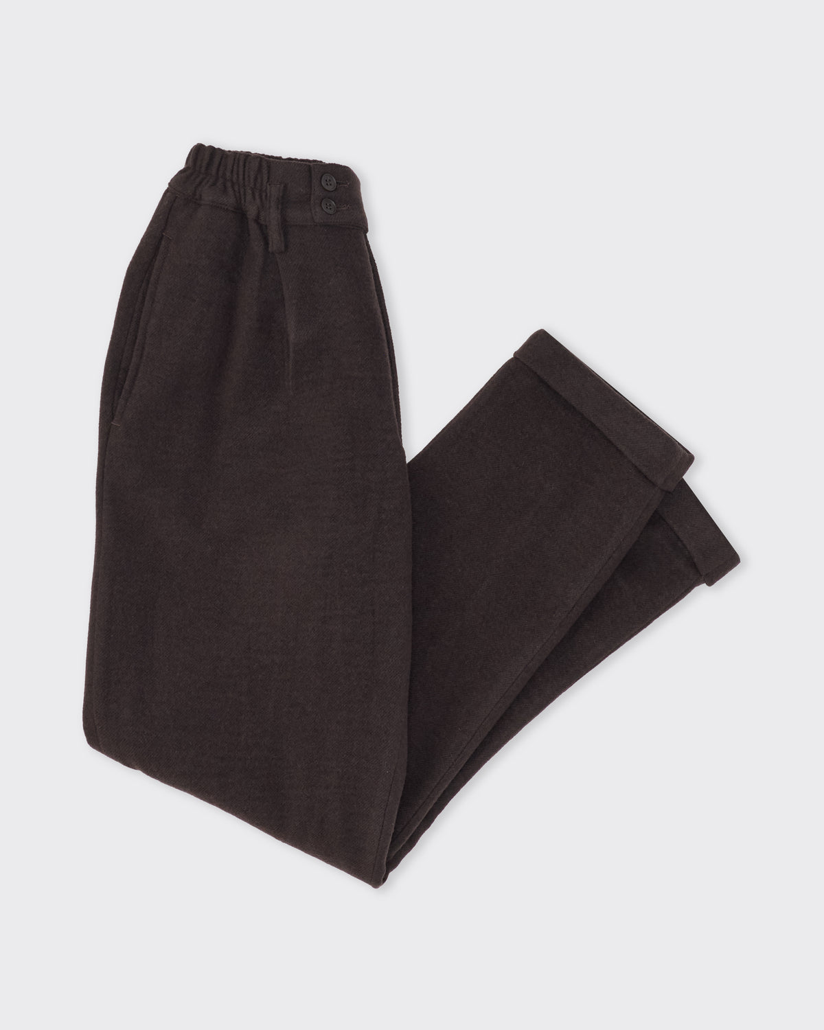 Colbo Camp Pants in dark plum wool, cashmere and linen, side, flat lay