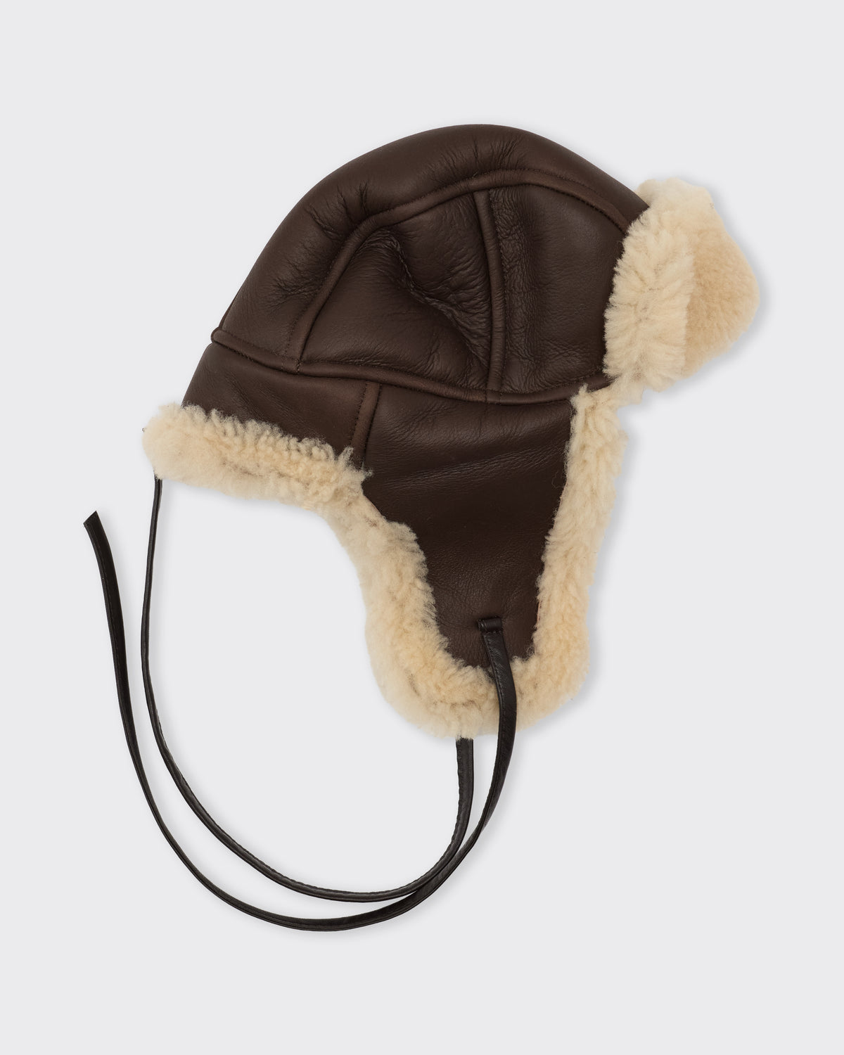 Cawley Leather Back Curly Hair Sheepskin Trapper Hat in chocolate/cream, side, ear flaps down