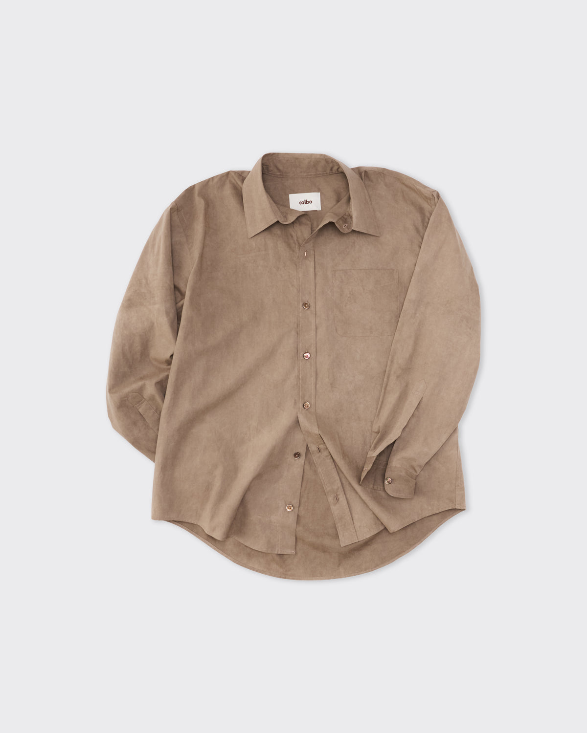 Colbo Office Shirt in splatter-washed brown cotton poplin, front, sleeves rolled, flat lay