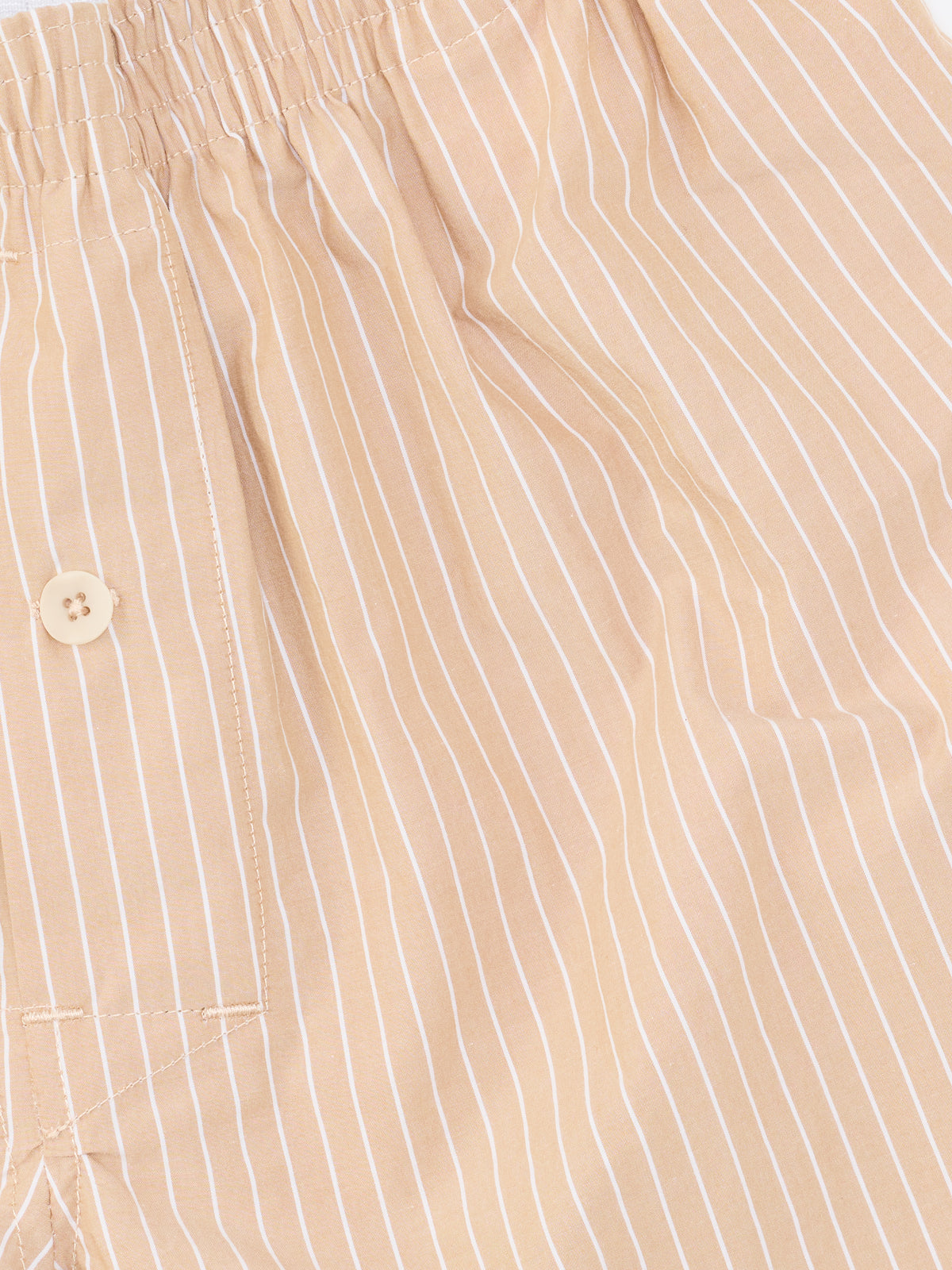 Colbo Boxer Set in Korean cotton pinstripe, camel pinstripe fabric close-up