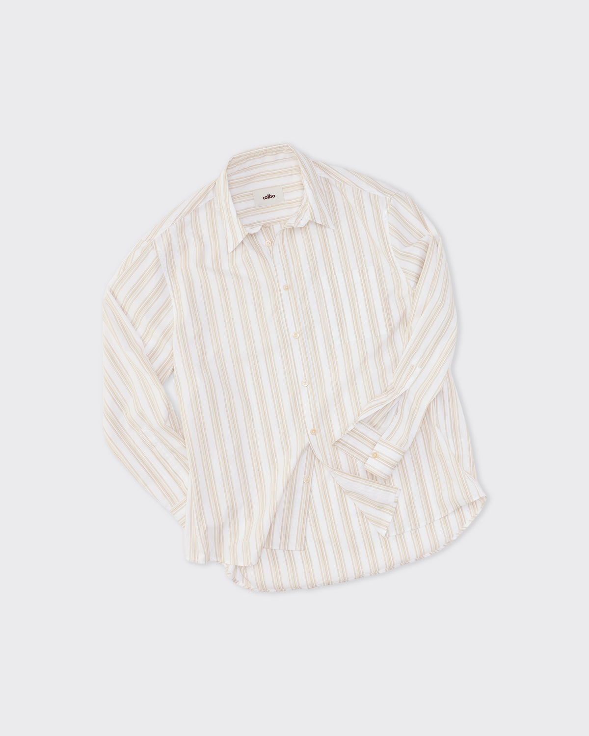 Colbo TK Shirt in sandbar stripe cotton poplin, front, sleeves rolled, flat lay
