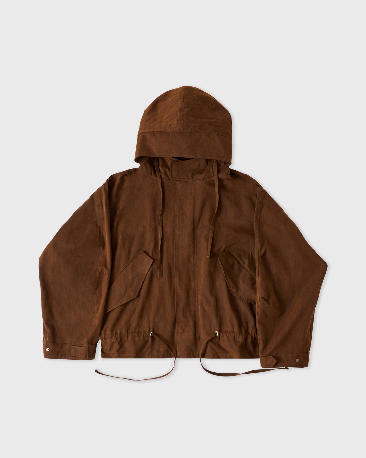 Sage Nation Aviemore Parka in bark brown cotton canvas, front, flat lay with hood up