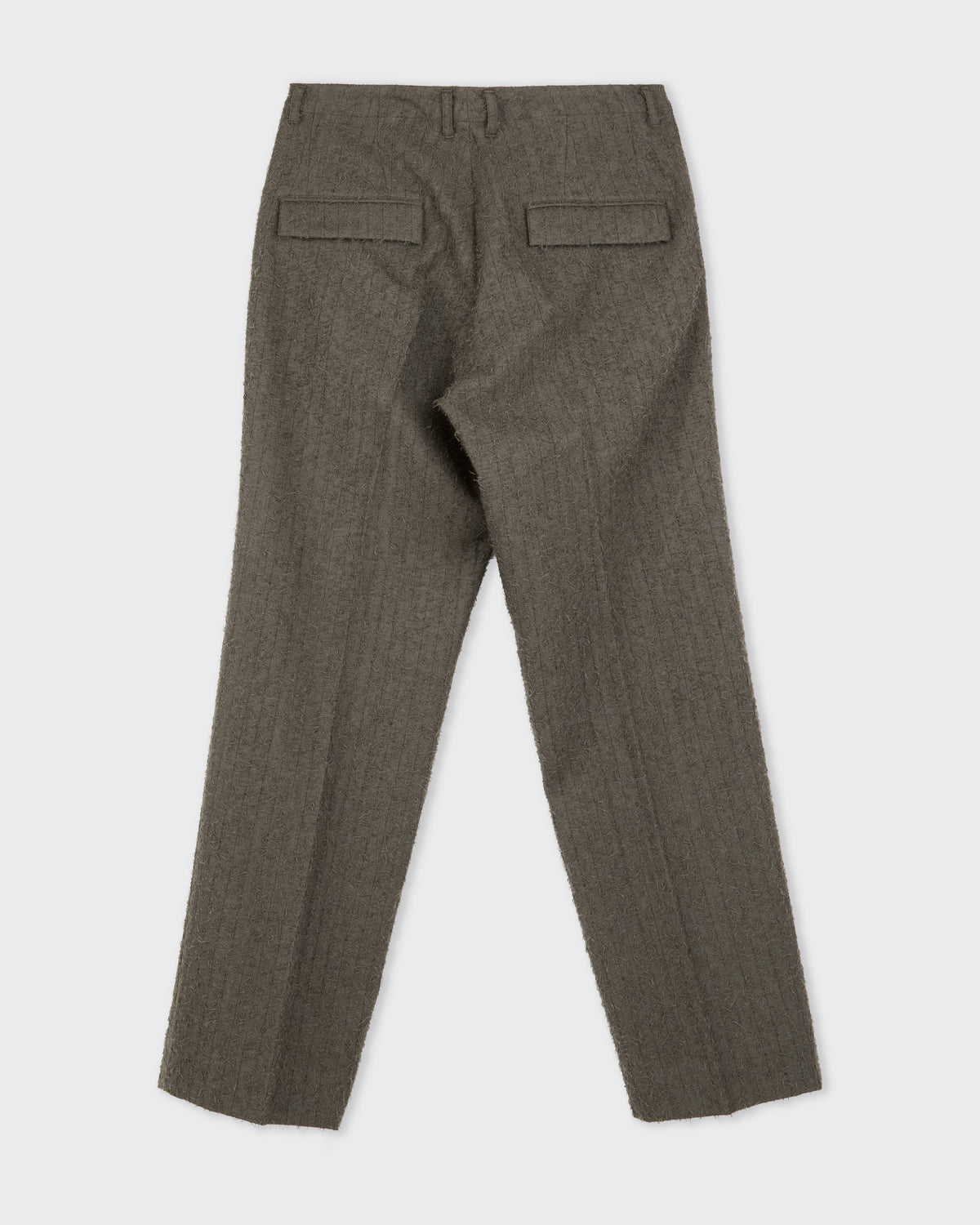 Polyploid Tuck Suit Pants in ash khaki stripe, back