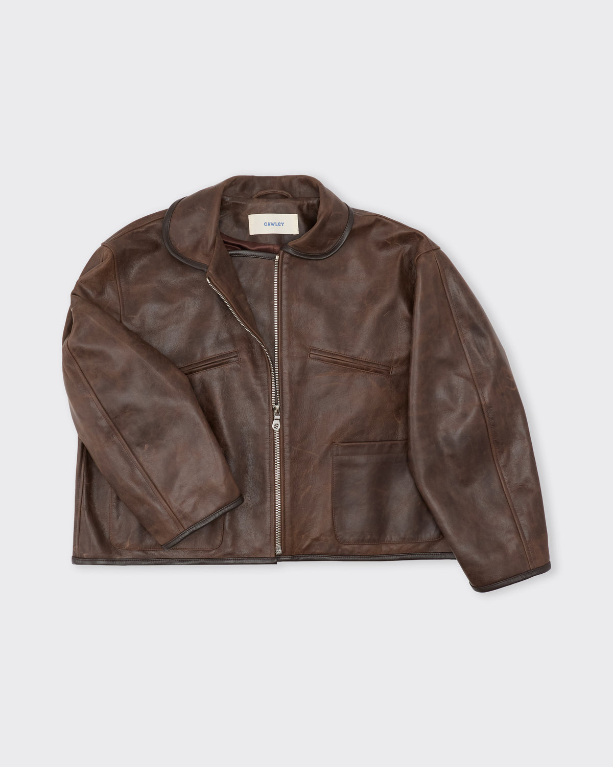 Cawley Waxed Leather Flying Jacket in walnut, three-quarter view