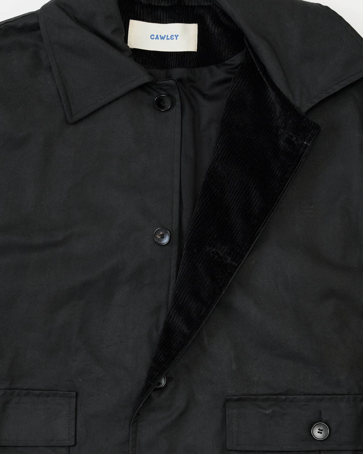 Cawley British Waxed Cotton Amis Mac in black, back