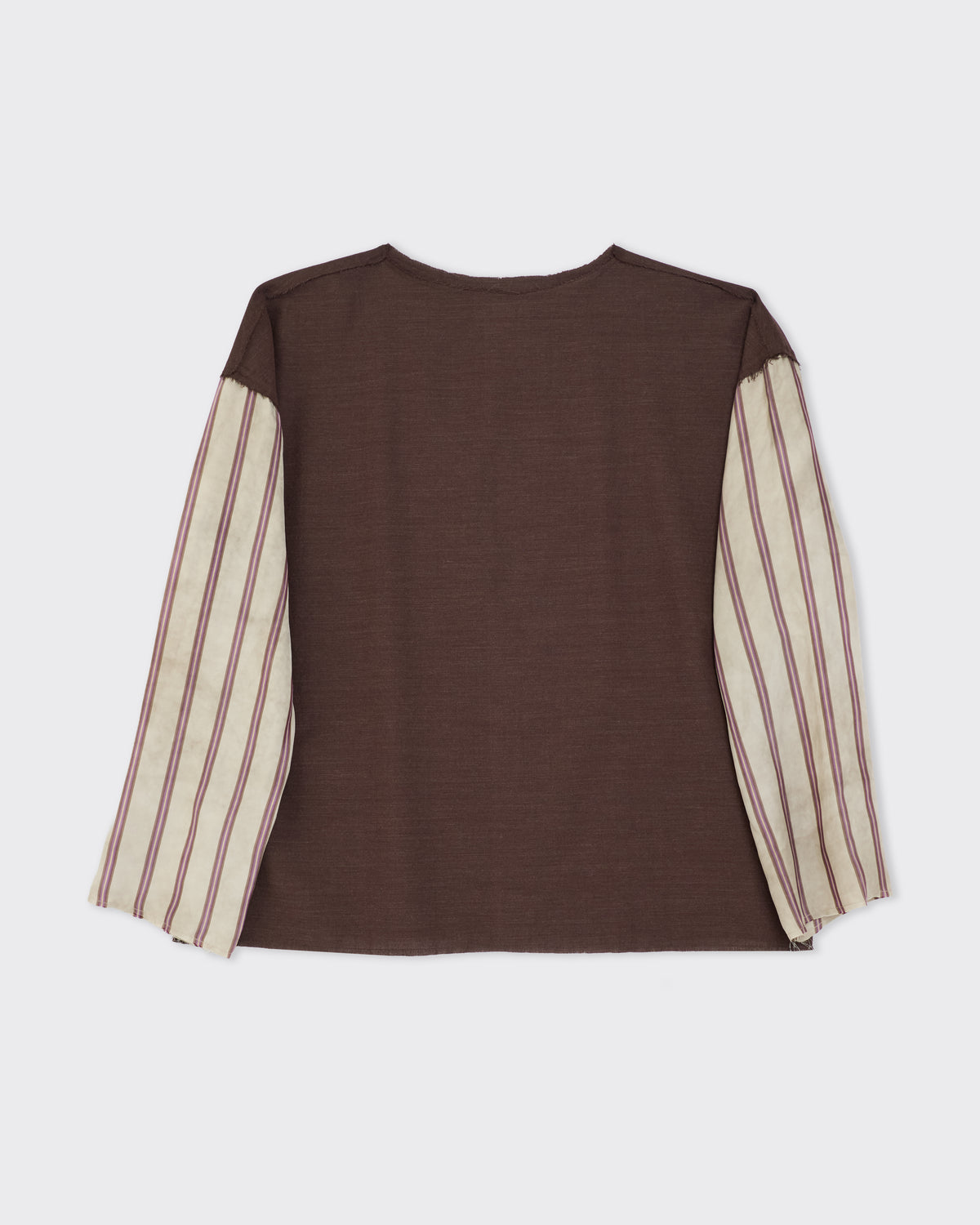 Colbo Angel Top in brown wool-cotton with striped cupro sleeves, front, flat lay