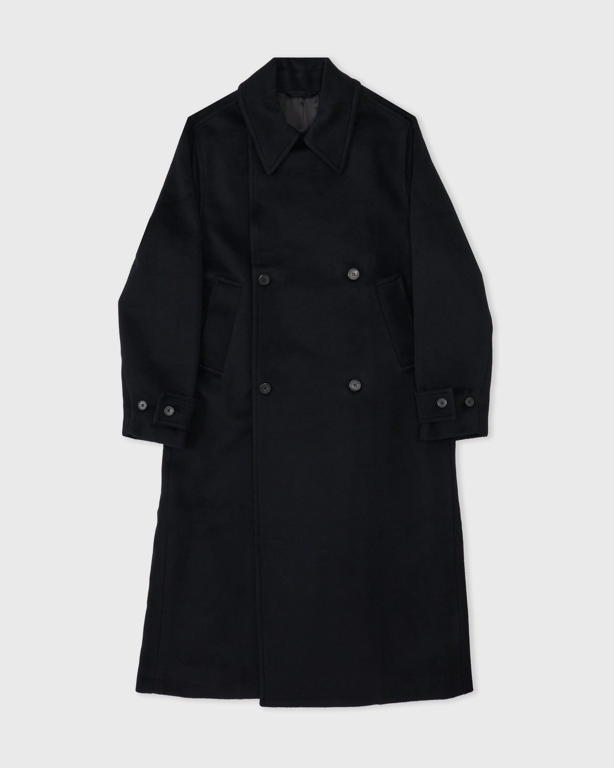 Another Aspect Coat 3.0 in black wool, double-breasted front, flat lay
