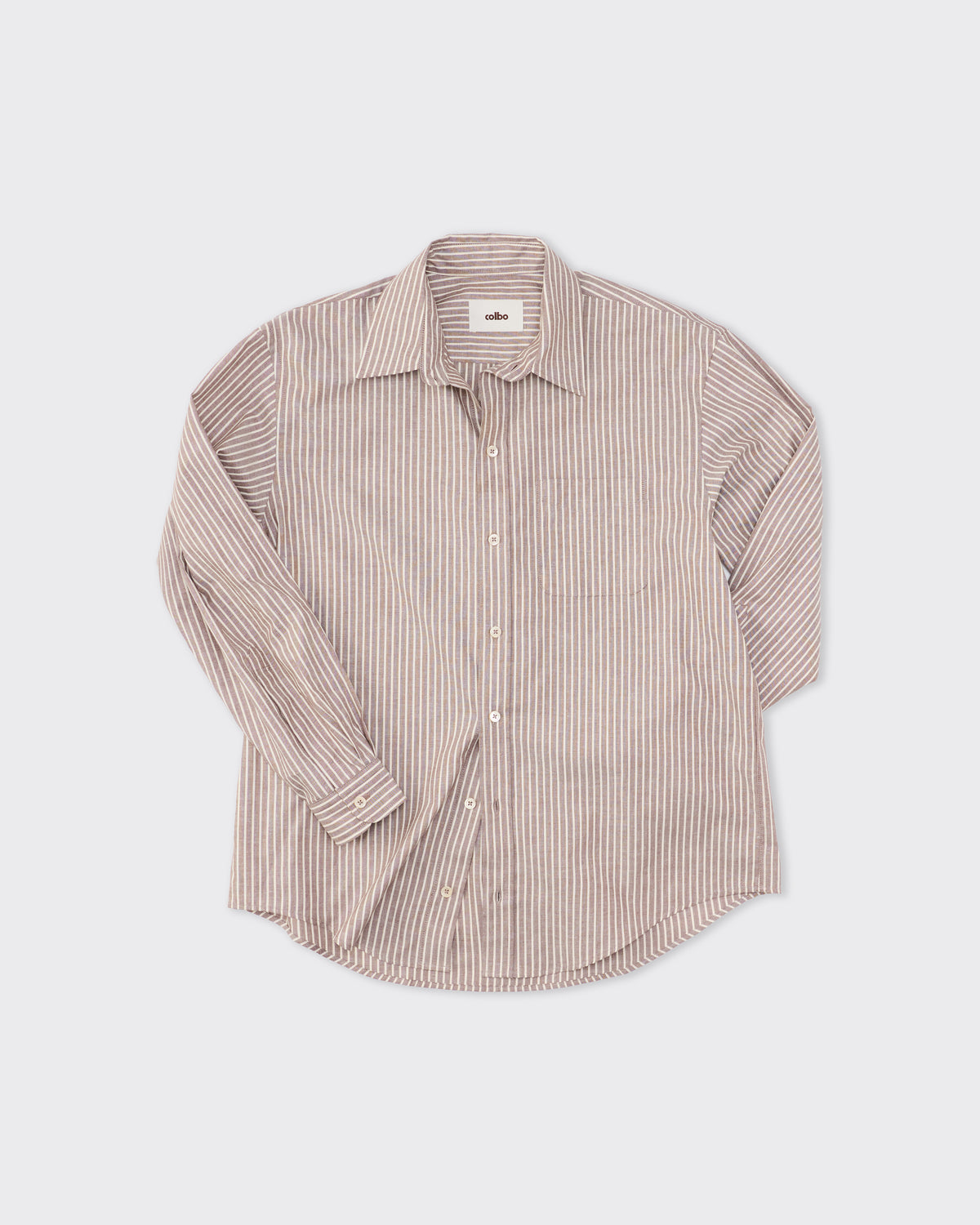Colbo Office Shirt in brown pinstripe Japanese cotton, front, sleeves rolled, flat lay