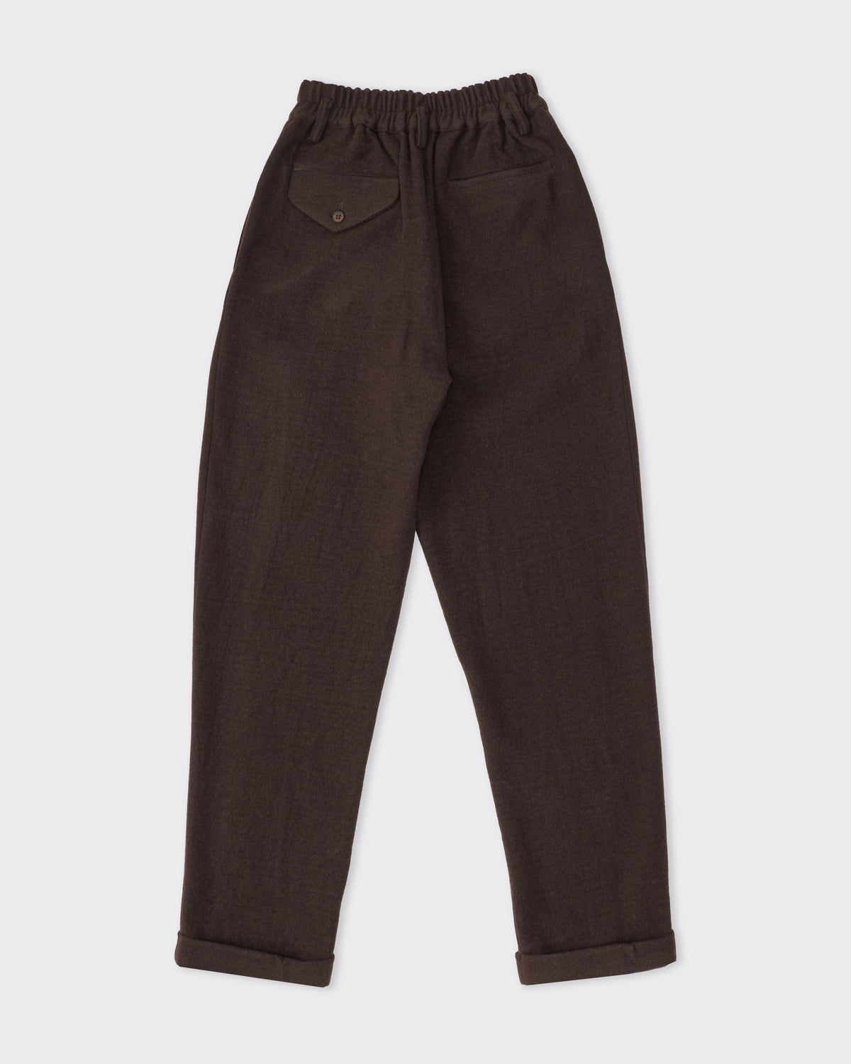 Colbo Camp Pants in dark plum wool, cashmere and linen, back, flat lay