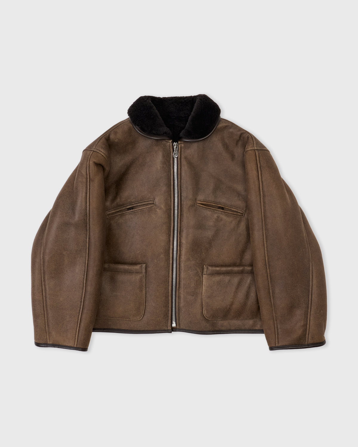 Cawley Antique Aviator Flying Jacket in antique chocolate shearling, front, flat lay