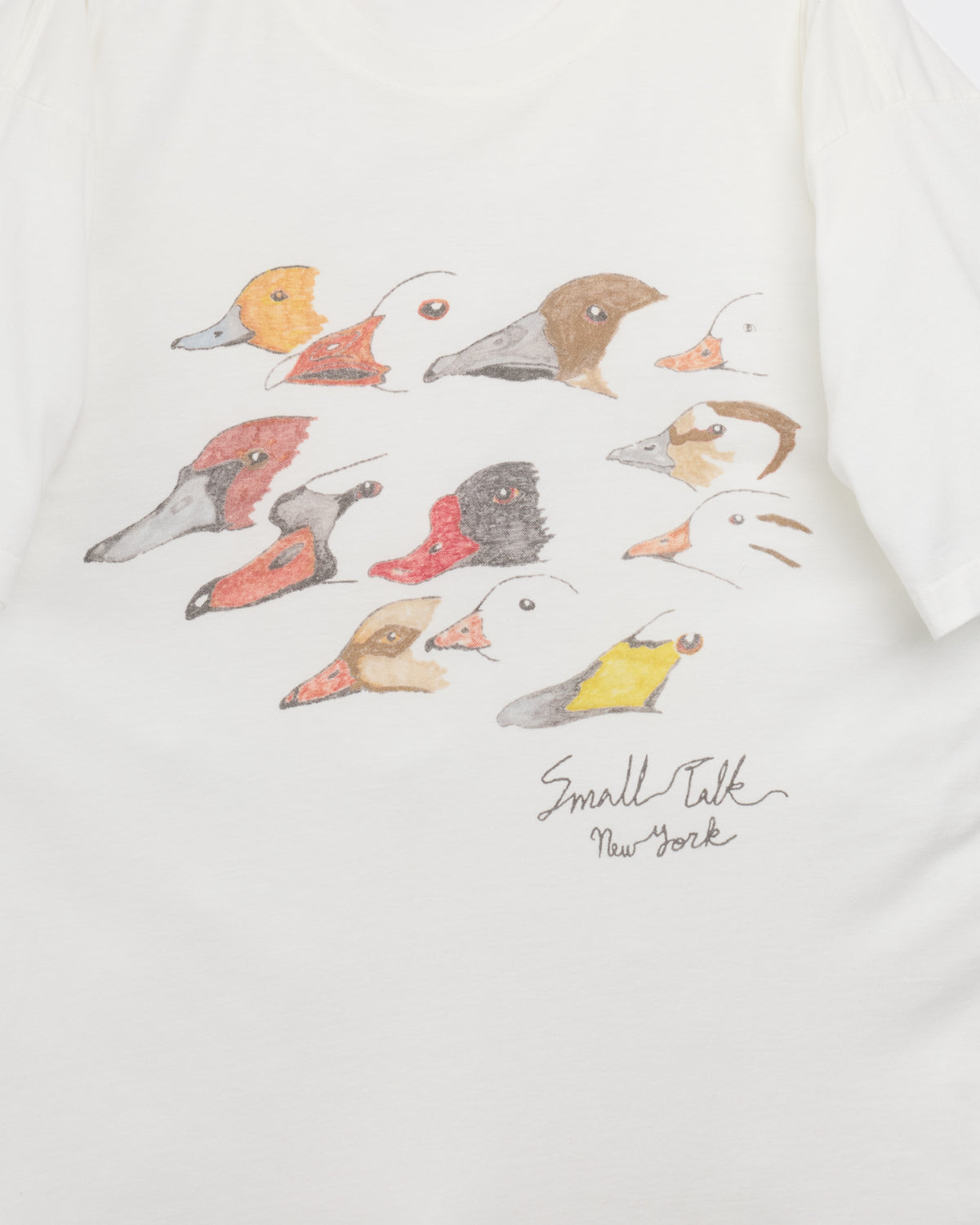 Small Talk Studio Hand-Illustrated Duck T-Shirt in off white, duck print close-up