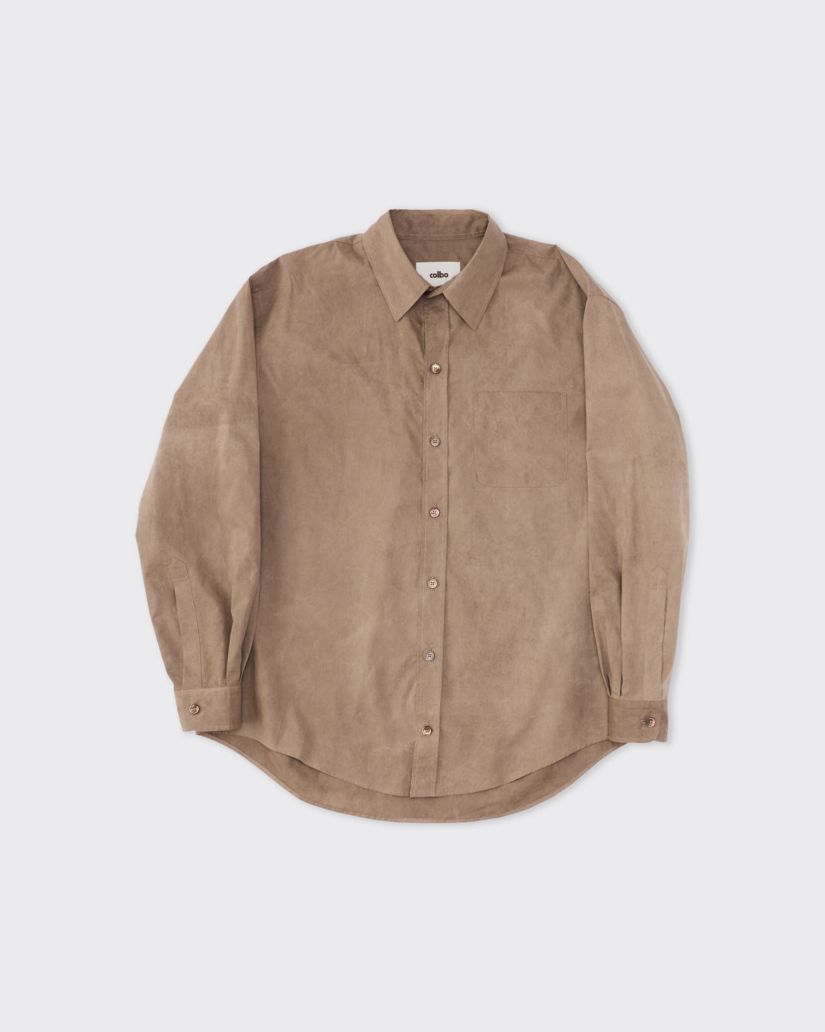 Colbo Office Shirt in splatter-washed brown cotton poplin, front, flat lay