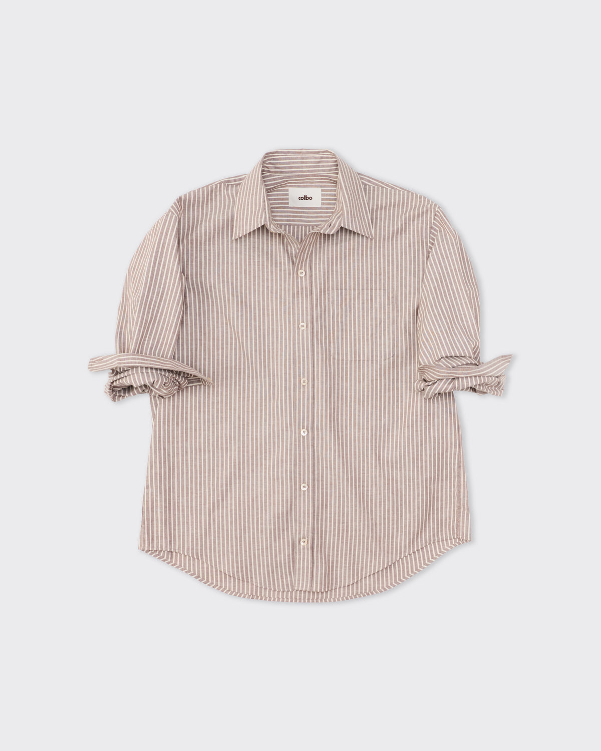 Colbo Office Shirt in brown pinstripe Japanese cotton, front, flat lay, alternate