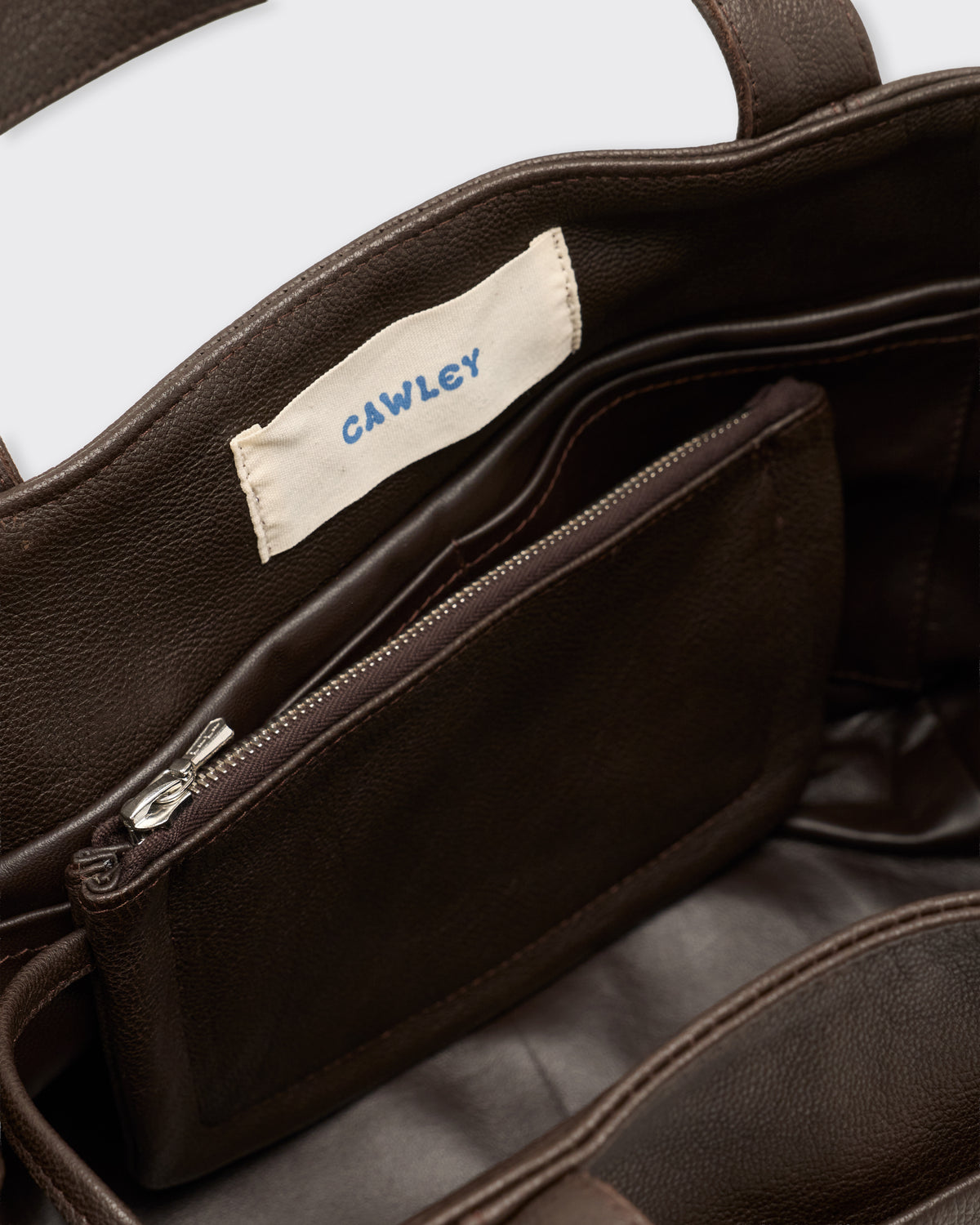 Cawley Sapple Goat Large Tote Bag with Coin Purse in brown, inside, with the zip coin purse