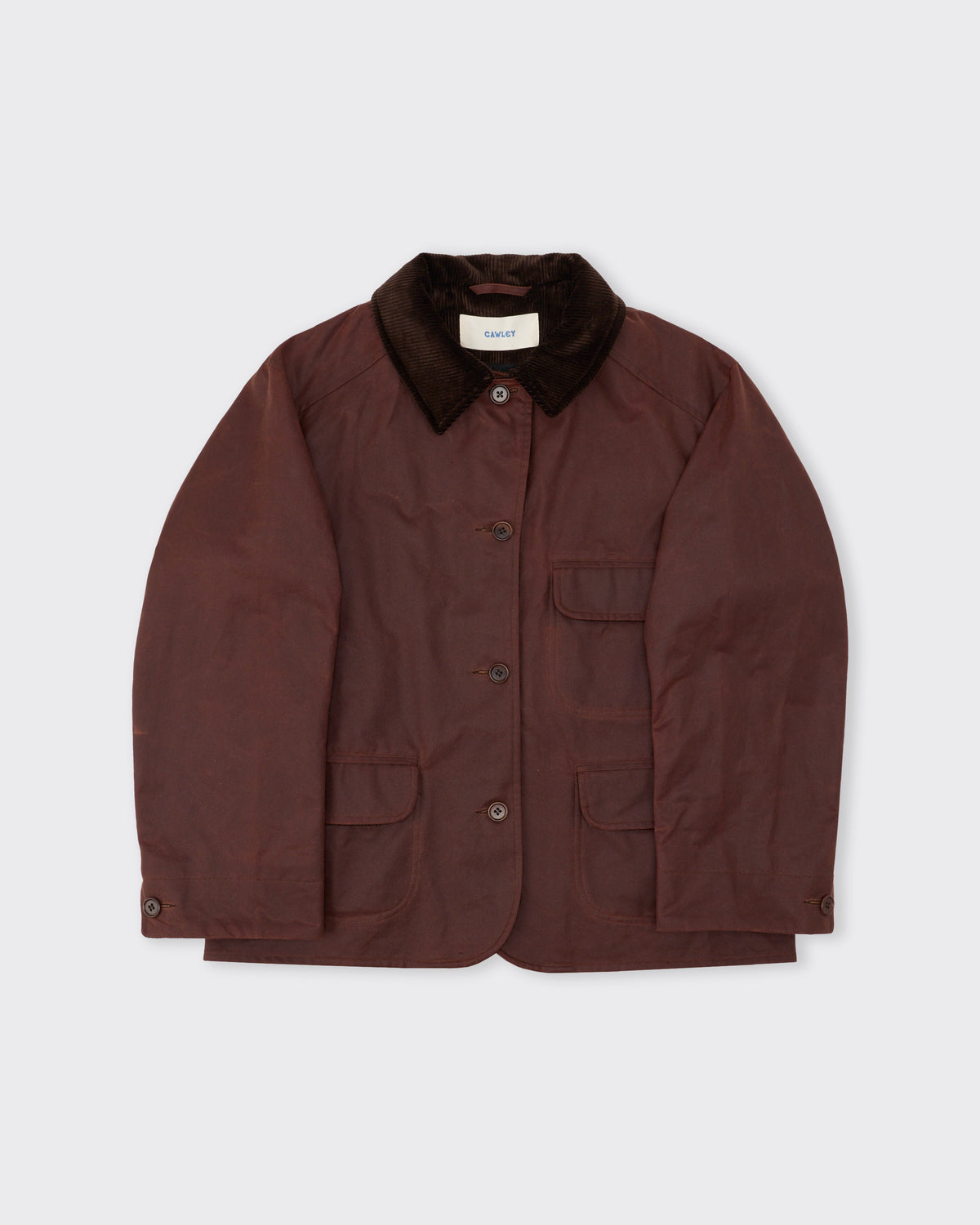 Cawley Waxed Oilskin Hunter Jacket in chestnut with chocolate cord collar, front