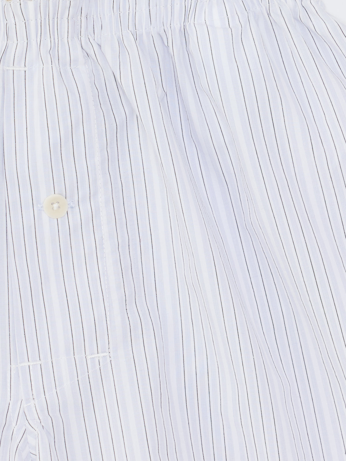 Colbo Boxer Set in Korean cotton pinstripe, blue pinstripe fabric close-up