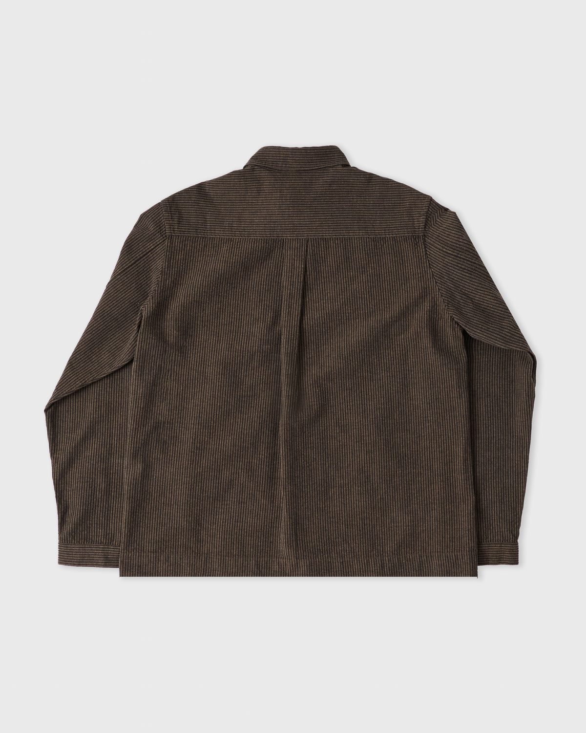 Sage Nation Natal Shirt in brown and navy stripe cotton-wool, back, flat lay