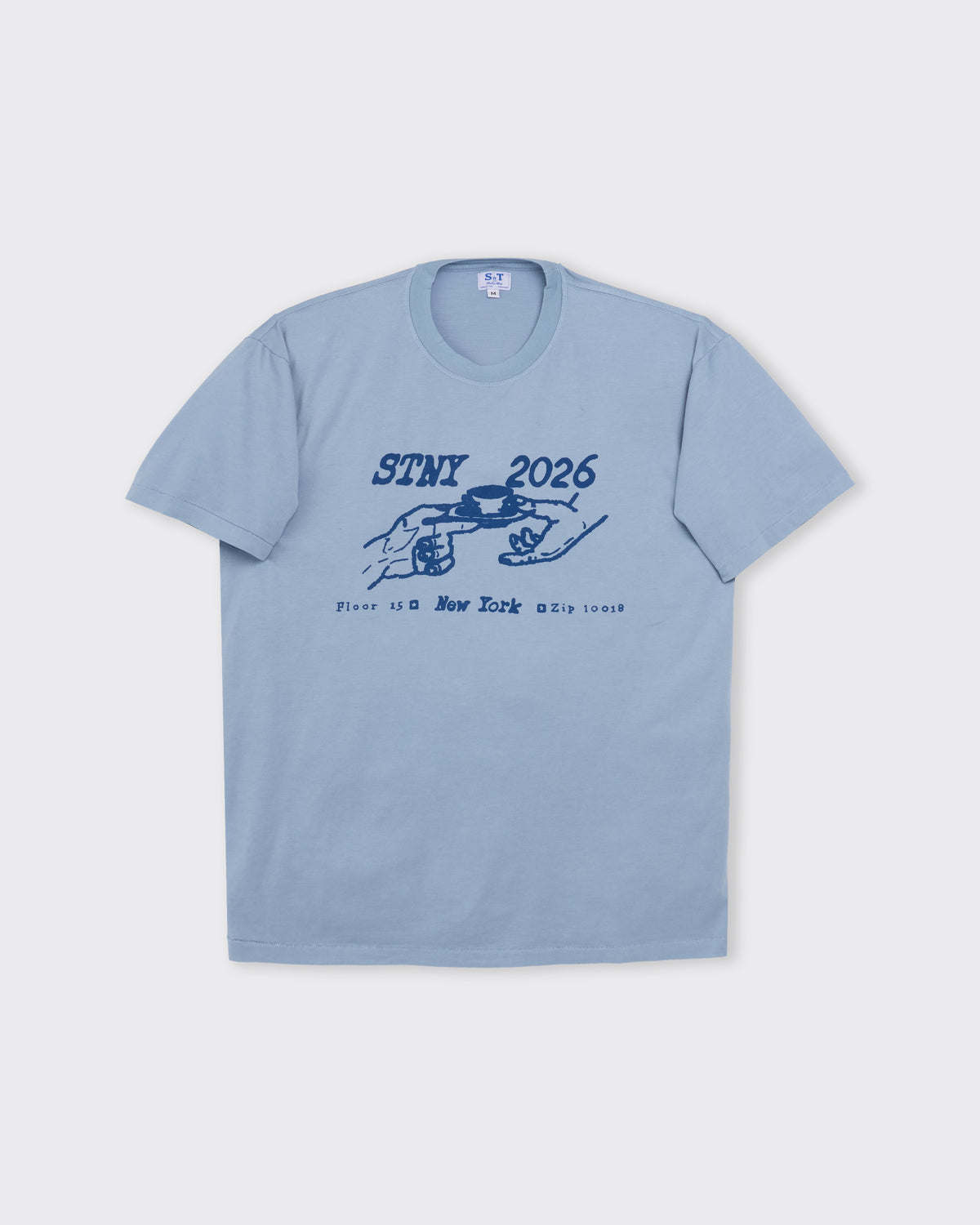 Small Talk Studio Coffee Graphic T-Shirt in starlight blue, front