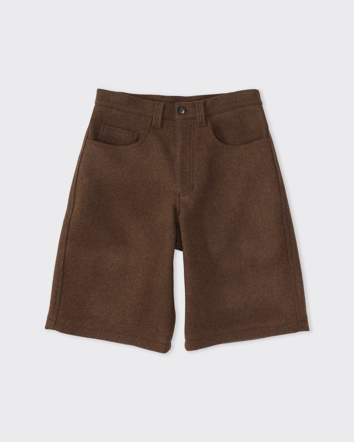 Colbo Big Pocket Short in brown Japanese wool, front, flat lay