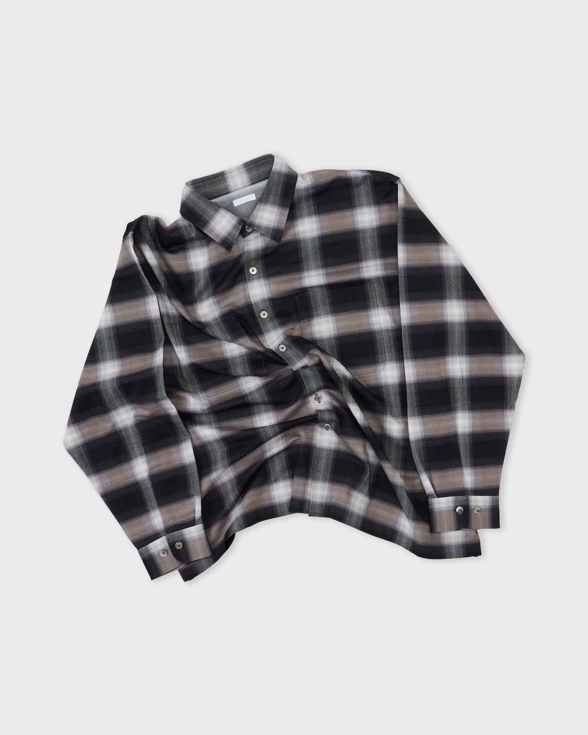 Kanemasa Phil Ombre Check Balise Shirt in black and white, front, rumpled flat lay