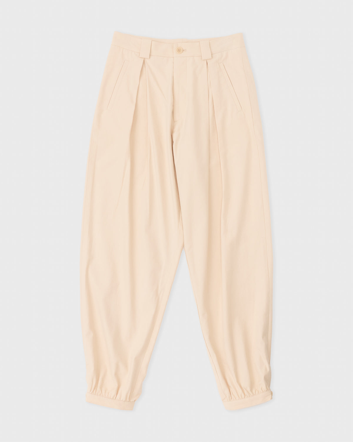 Colbo Gathering Pants in soft peach cotton-Tencel, front, flat lay