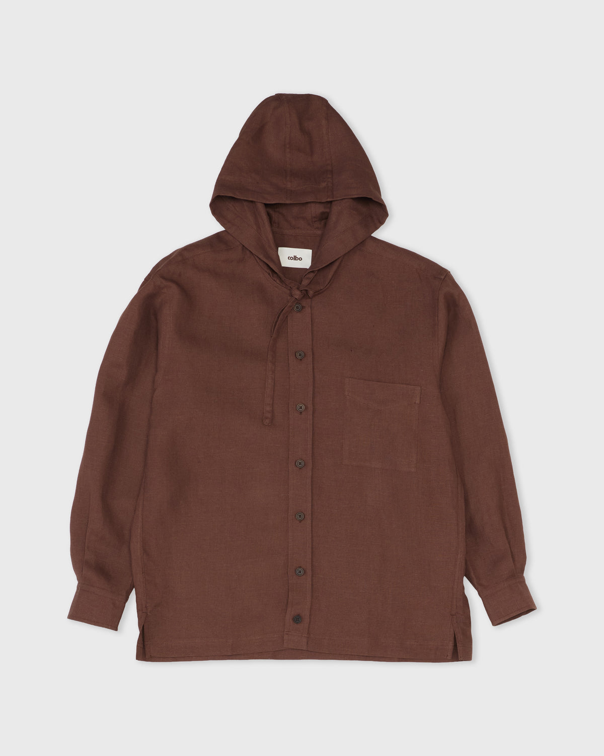 Colbo Hooded Shirt in mahogany viscose-linen, front, flat lay
