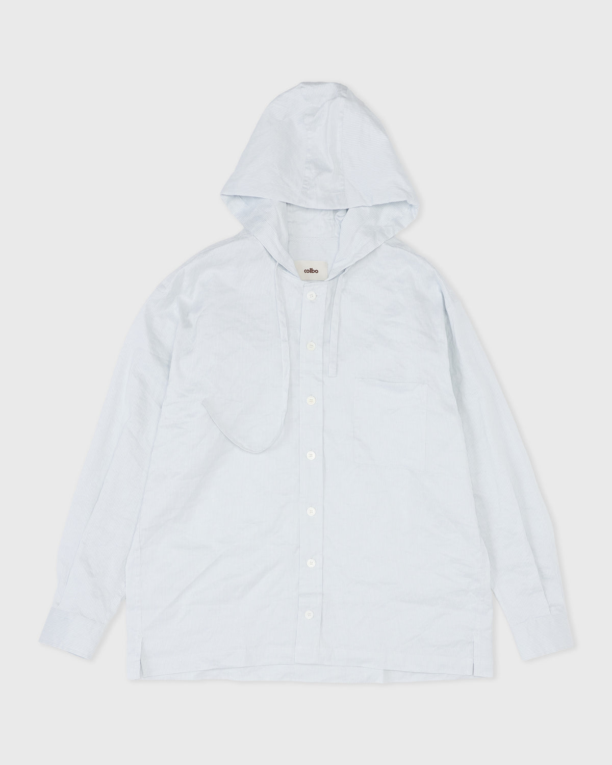 Colbo Hooded Shirt in pinstripe cotton-silk, front, flat lay