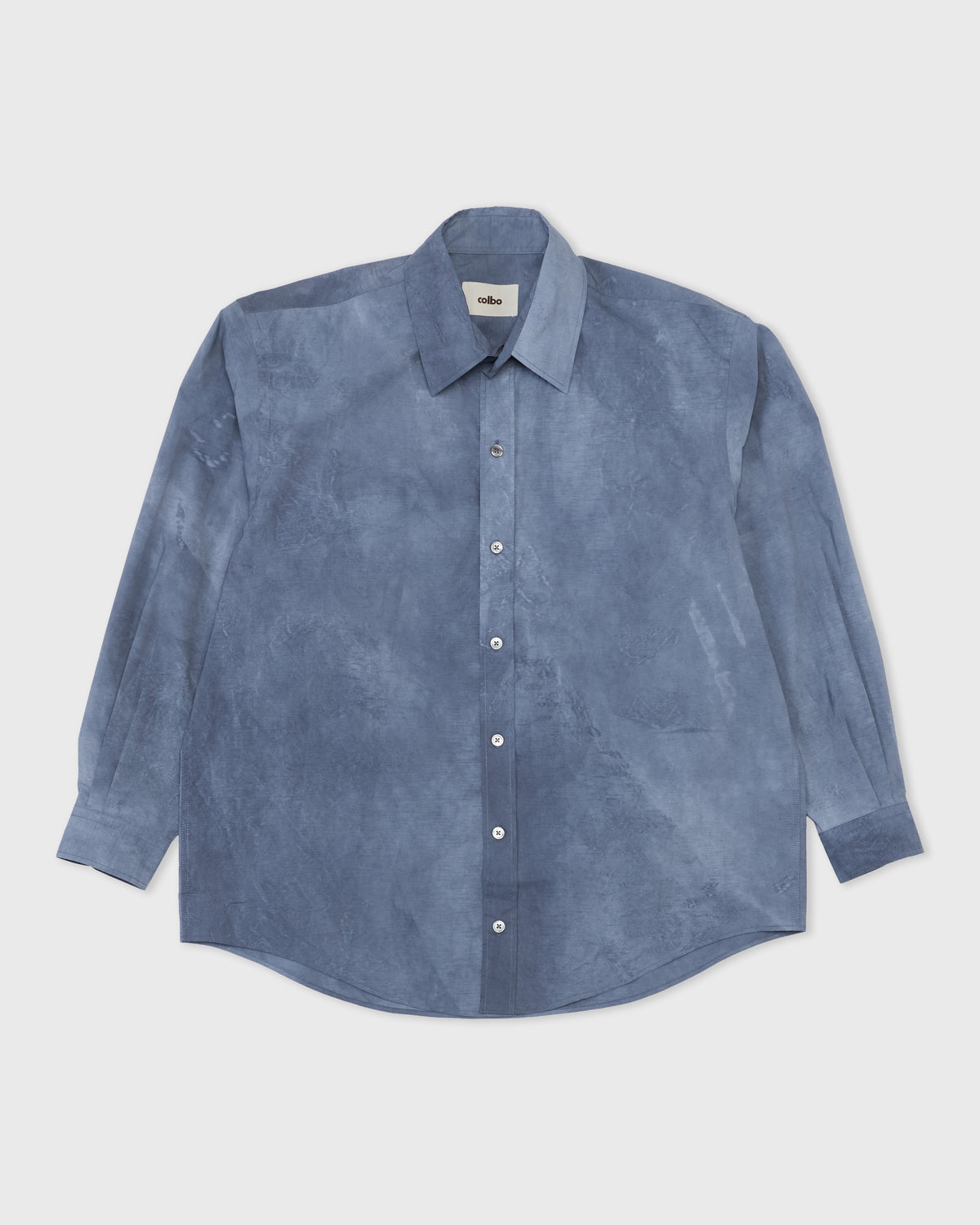 Colbo Office Shirt in washed blue cotton, front, flat lay