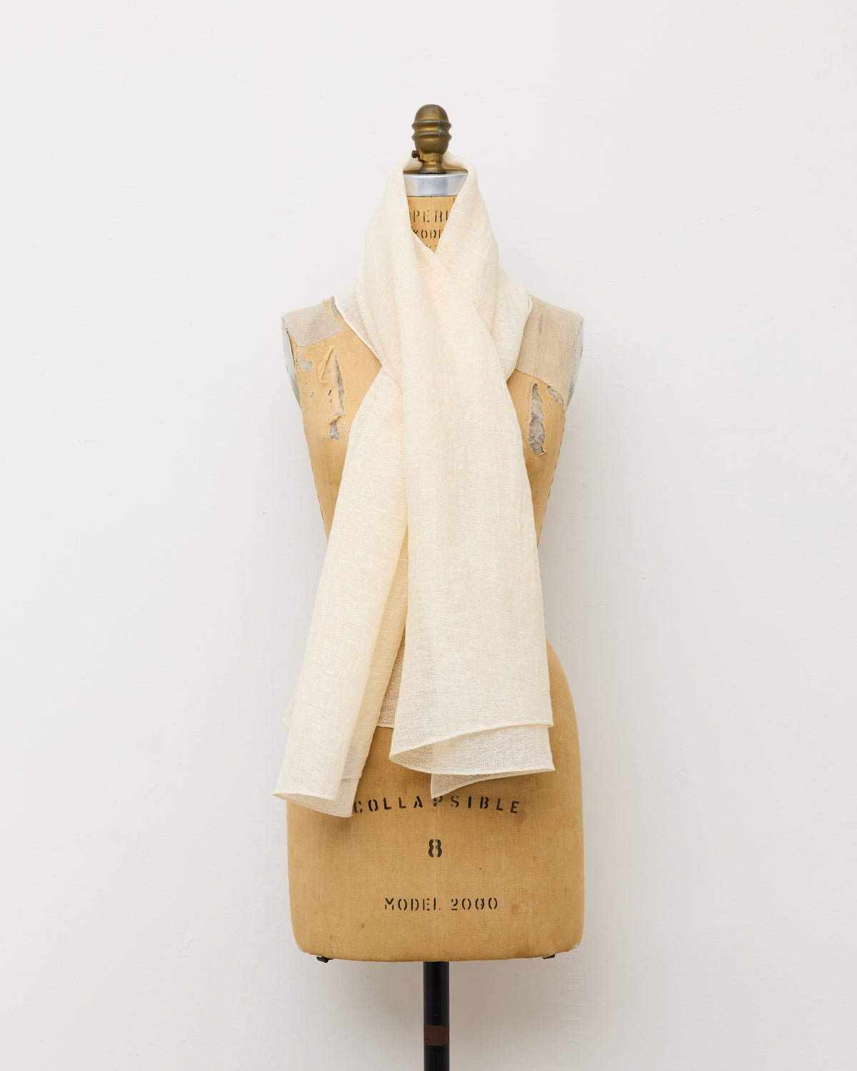 Colbo Scarf in natural linen-cotton mesh, draped on a dress form