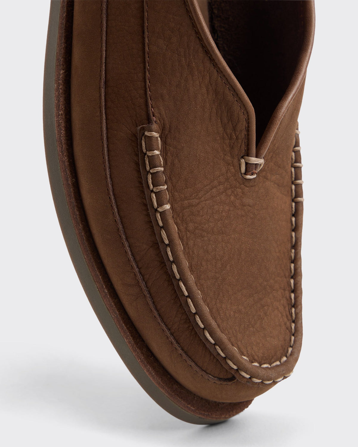 Sperry x Colbo Sirah loafer in chocolate nubuck, close-up of the toe from above
